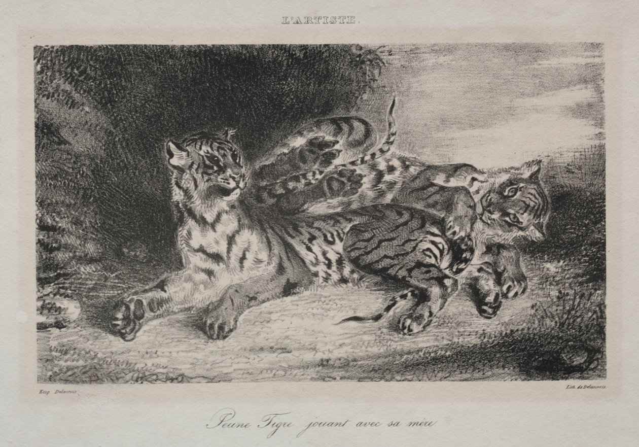 Annesiyle oynayan genç kaplan by Eugène Delacroix