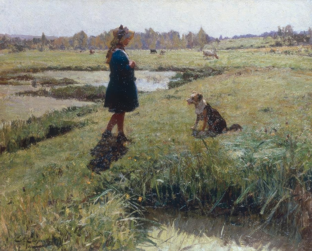 Genç kız ve köpeği çayırda by Evariste Carpentier