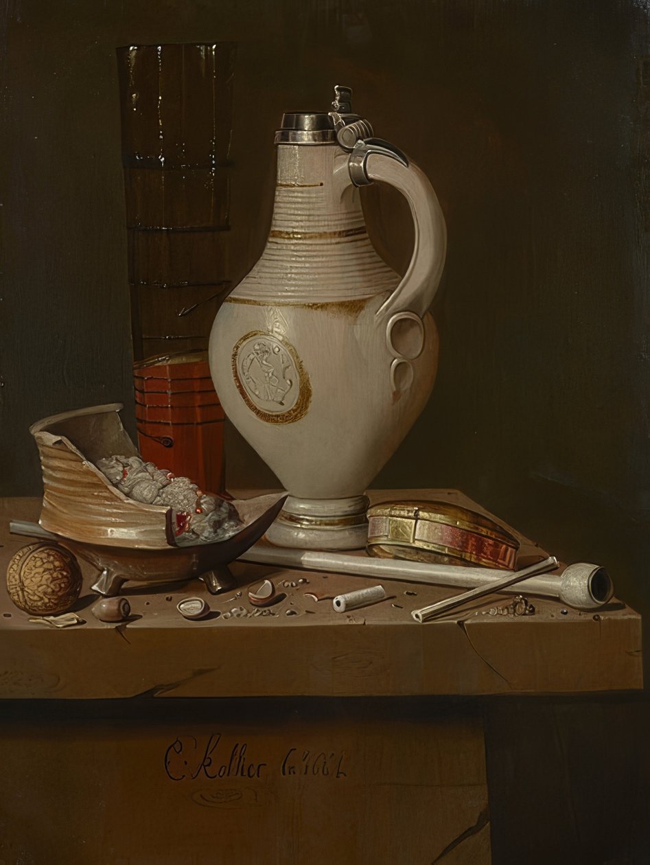 Sigara gereçleri ve bira bardağı ile natürmort. 1664 by Evert Collier