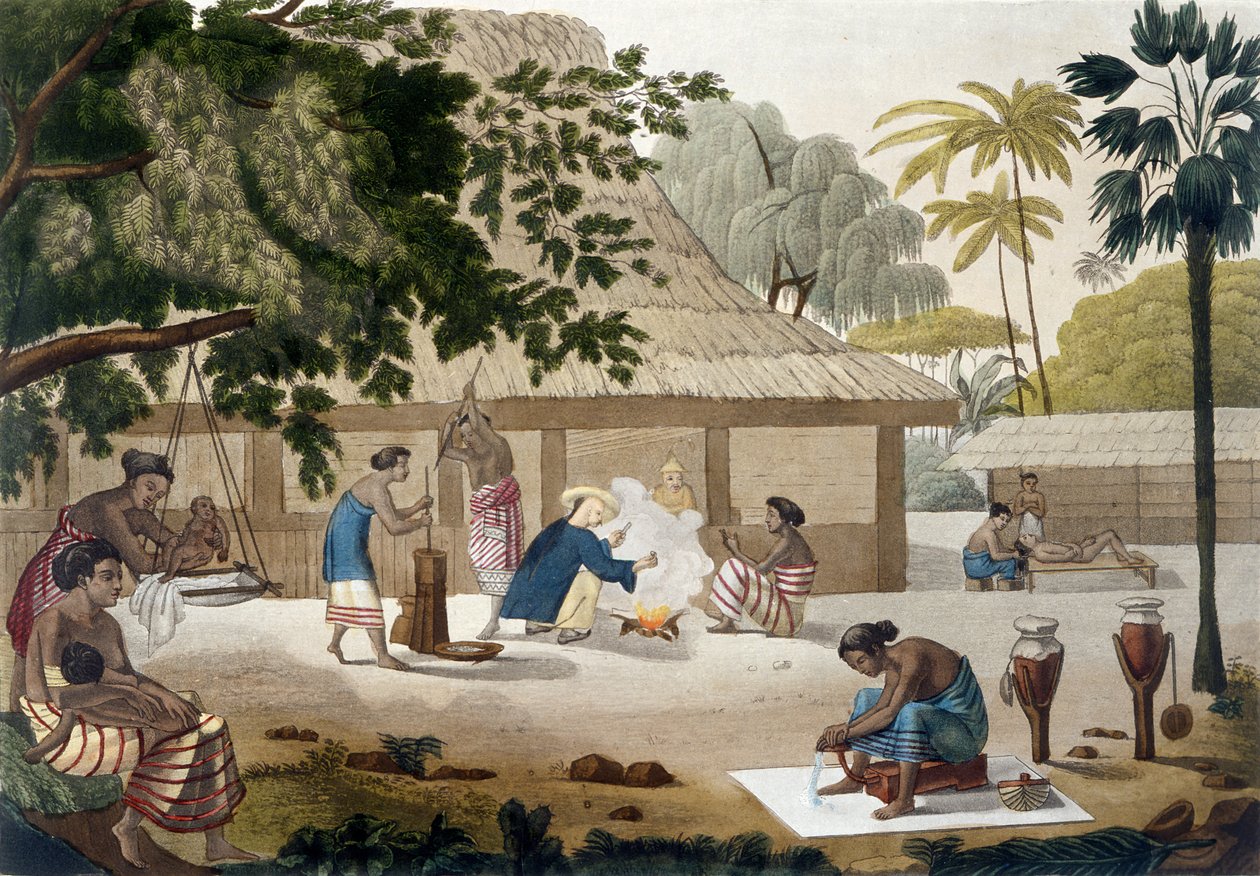 Kupang, Timor'da ev hayatı, Jules Ferrario'nun 'Le Costume Ancien et Moderne'den levha 10, 1820'ler-30'lar arasında yayınlandı by Felice Campi