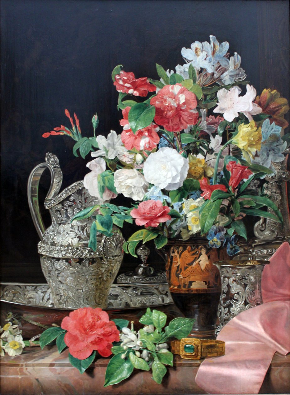 Gümüş kaplar ve antika vazo ile çiçek buketi by Ferdinand Georg Waldmuller