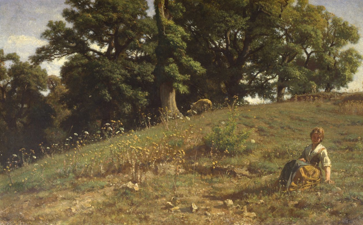 Meşe ve köylü ile çayır by Filippo Palizzi