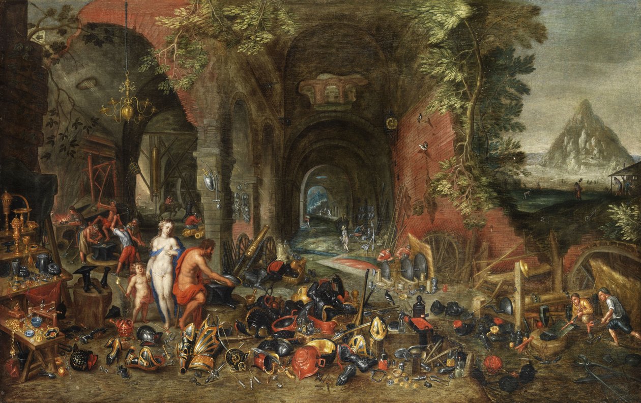 Volkanın demir ocağında Venüs ve Aşk Tanrısı. by Flemish painter in the circle of Jan Brueghel