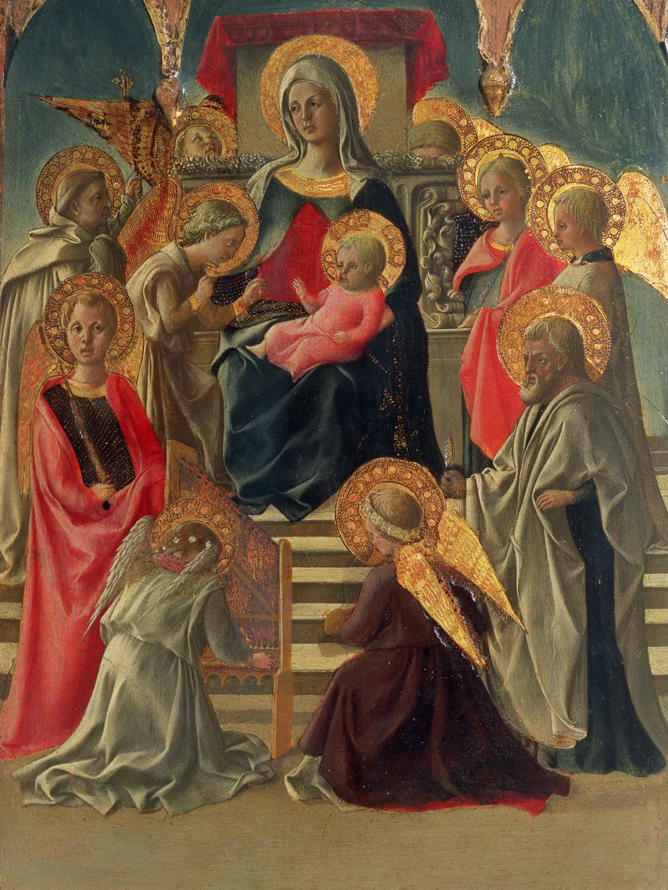 Madonna ve Çocuk, Melekler ve Azizler ile tahta çıktı (panelde mizaç) (ayrıca bkz. 1972200) by Fra Filippo Lippi