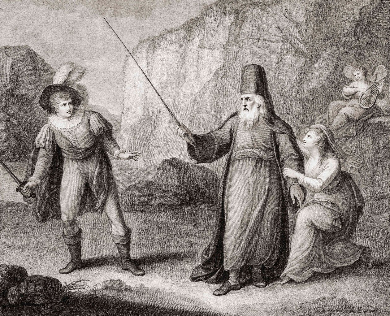 Prospero, Ferdinand'ı silahsızlandırıyor. Shakespeare. Fırtına (gravür) by Francesco Bartolozzi