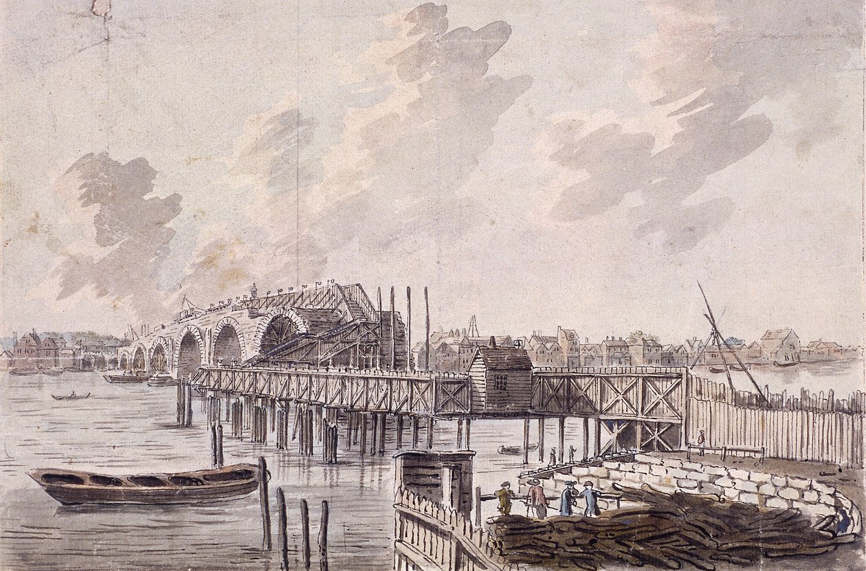 Blackfriars Köprüsü inşaatı, Londra, c1762. by Francis Grose