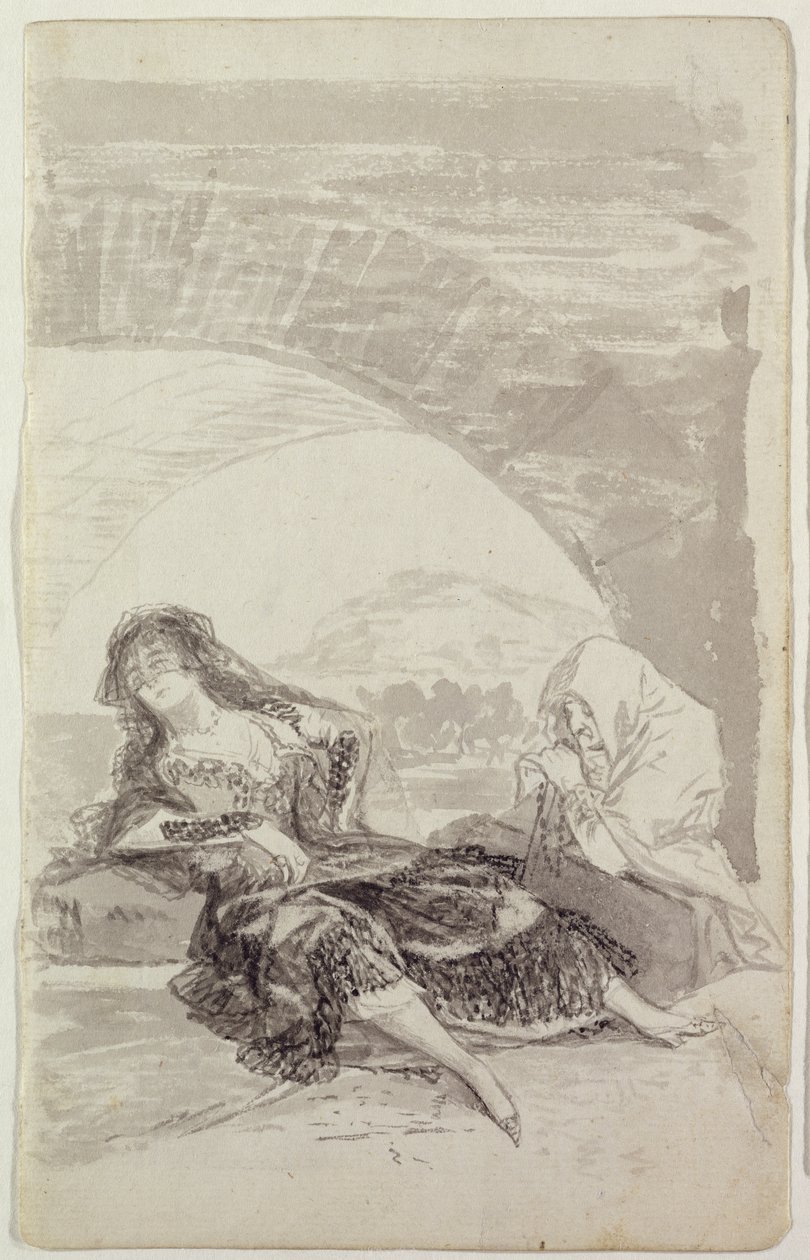 Maja ve Celestina bir kemerin altında (kağıt üzerinde gri ve siyah kalem) by Francisco de Goya