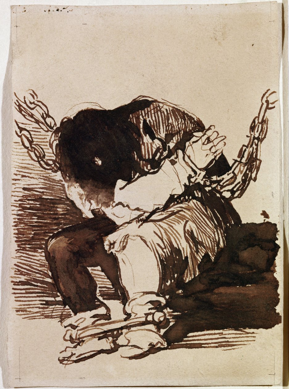 Mahkum zinciri oturuyor. (Hazırlık çizimi by Francisco de Goya