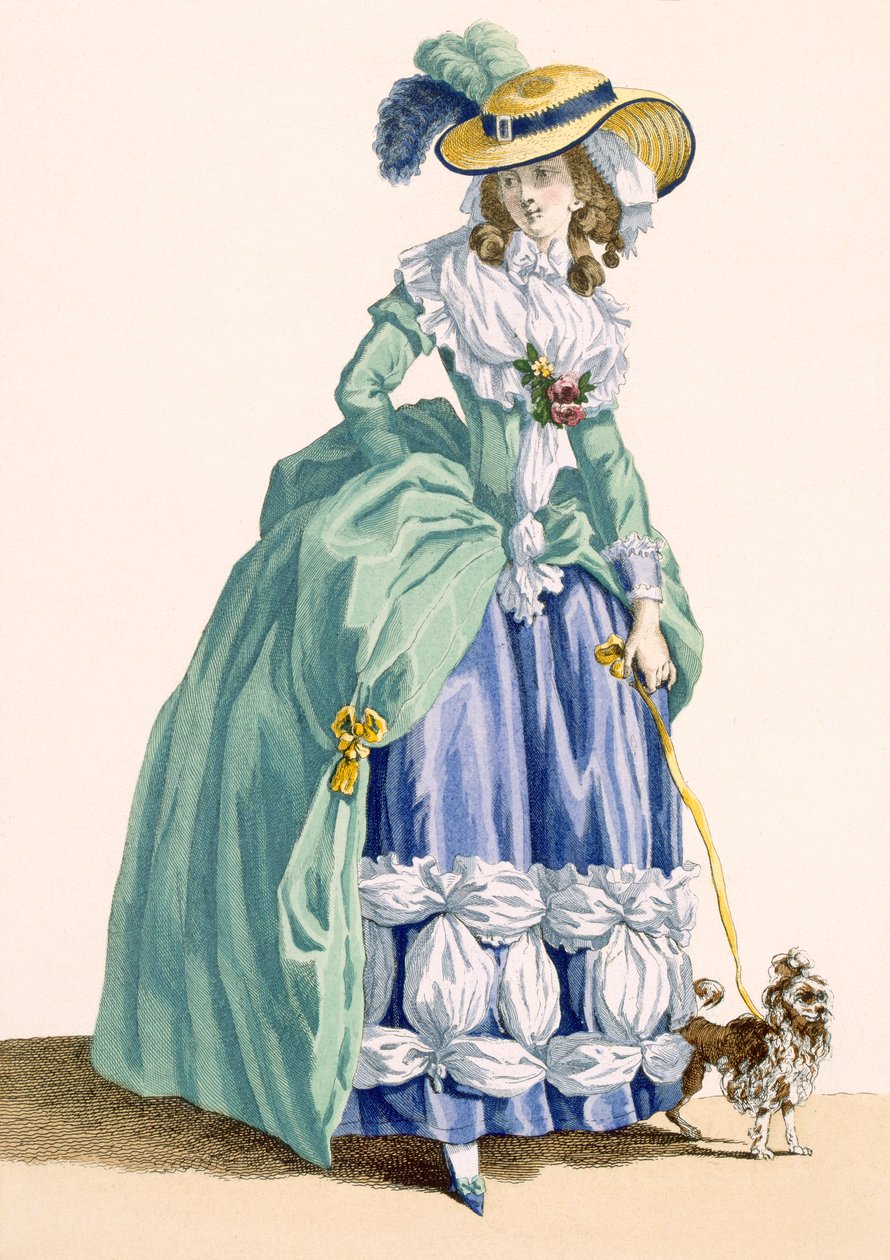 Köpeğini gezdiren kadın, Dupin tarafından oyulmuş, 'Galeries des Modes et Costumes Francais'den 190 numaralı plaka, c.1778-87 99:giyim; geleneksel kıyafet; geleneksel kostüm; moda; yanılsama by Francois Louis Joseph Watteau