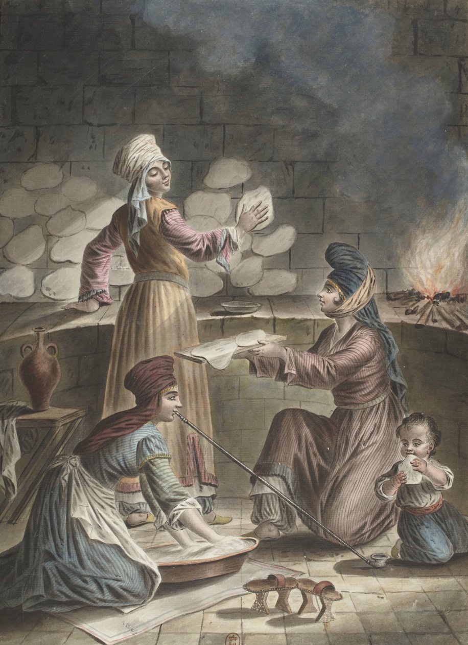Türk kadınları ekmek pişiriyor, 1790 by Francois Marie Rosset