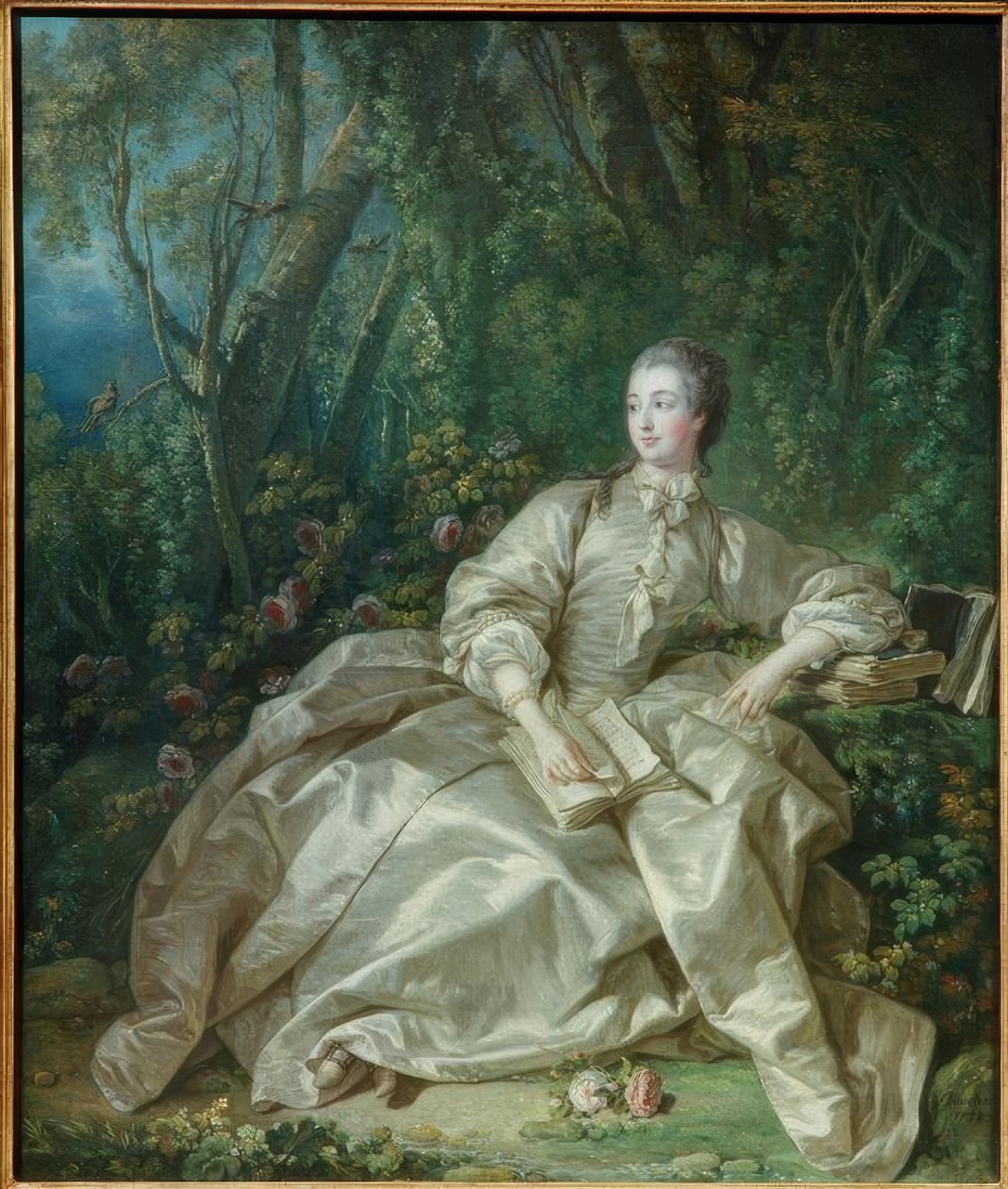 Madame de Pompadour açık havada oturuyor. by François Boucher