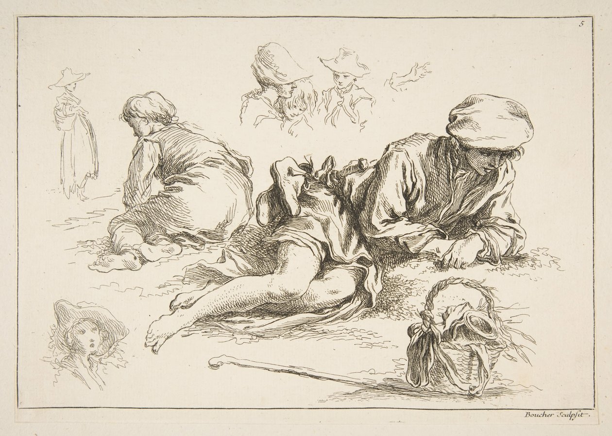 Eskizler Sayfası, ca. 1735. by François Boucher