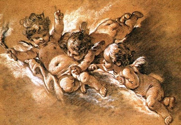 Bulutlarda üç putti (tebeşir) by François Boucher