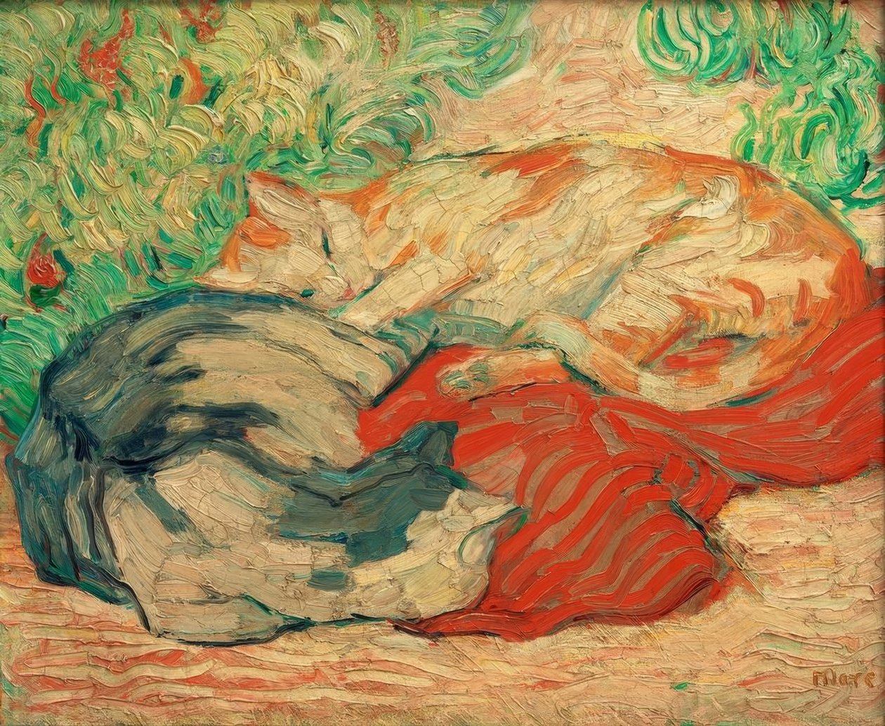 Kırmızı bir bez üzerinde kediler by Franz Marc