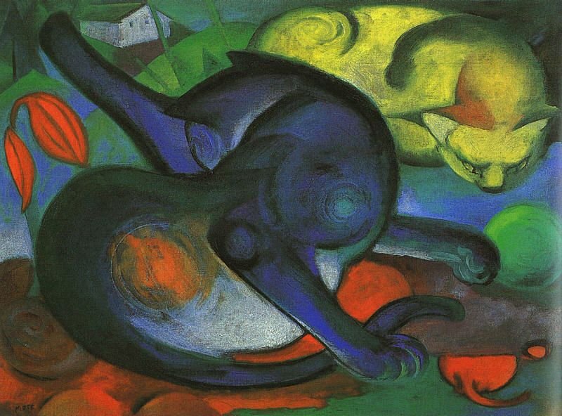 iki kedi, mavi ve sarı by Franz Marc