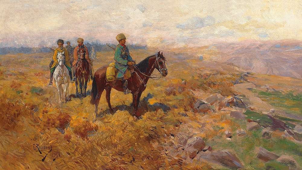 Devriyelerde silahlı Kafkas atlılar by Franz Roubaud
