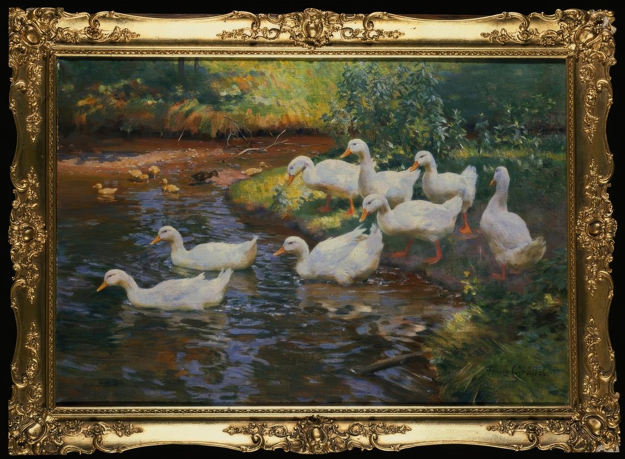 Ördek ailesi (dere kıyısında civcivli ördekler) by Franz Grassel
