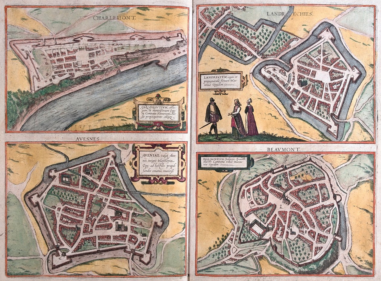 Charlemont, Beaumont, Avesnes ve Landrecies, Fransa (gravür by Franz Hogenberg