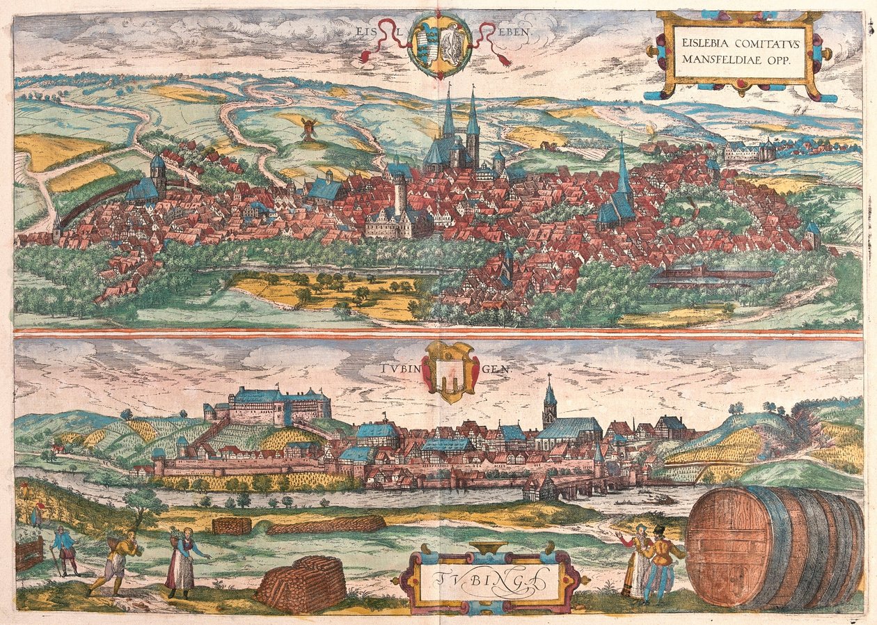 Eisleben ve Tübingen, Almanya (gravür by Franz Hogenberg