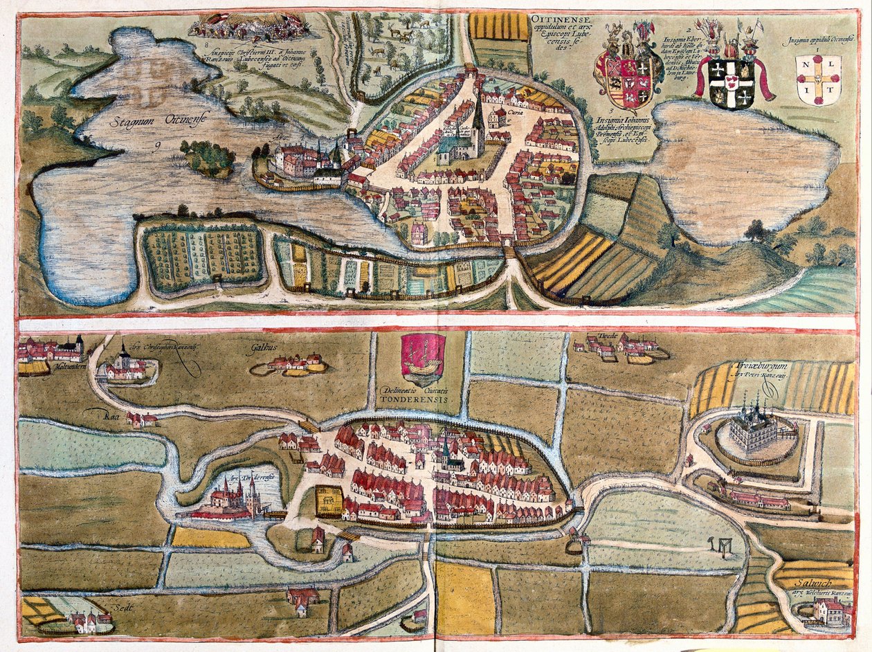 Eutin, Almanya ve Tonder, Danimarka (gravür by Franz Hogenberg