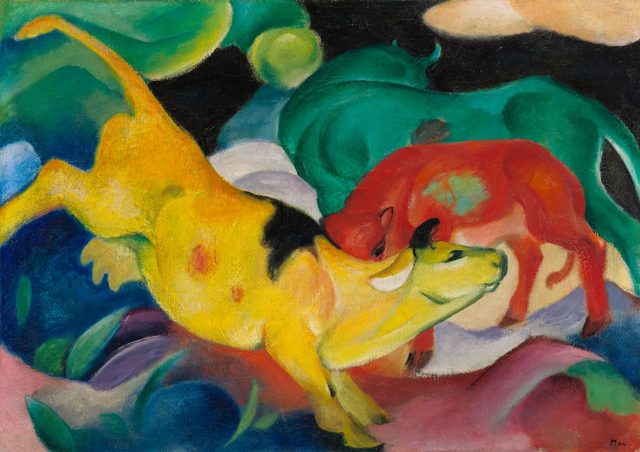 İnekler, kırmızı, yeşil, sarı by Franz Marc