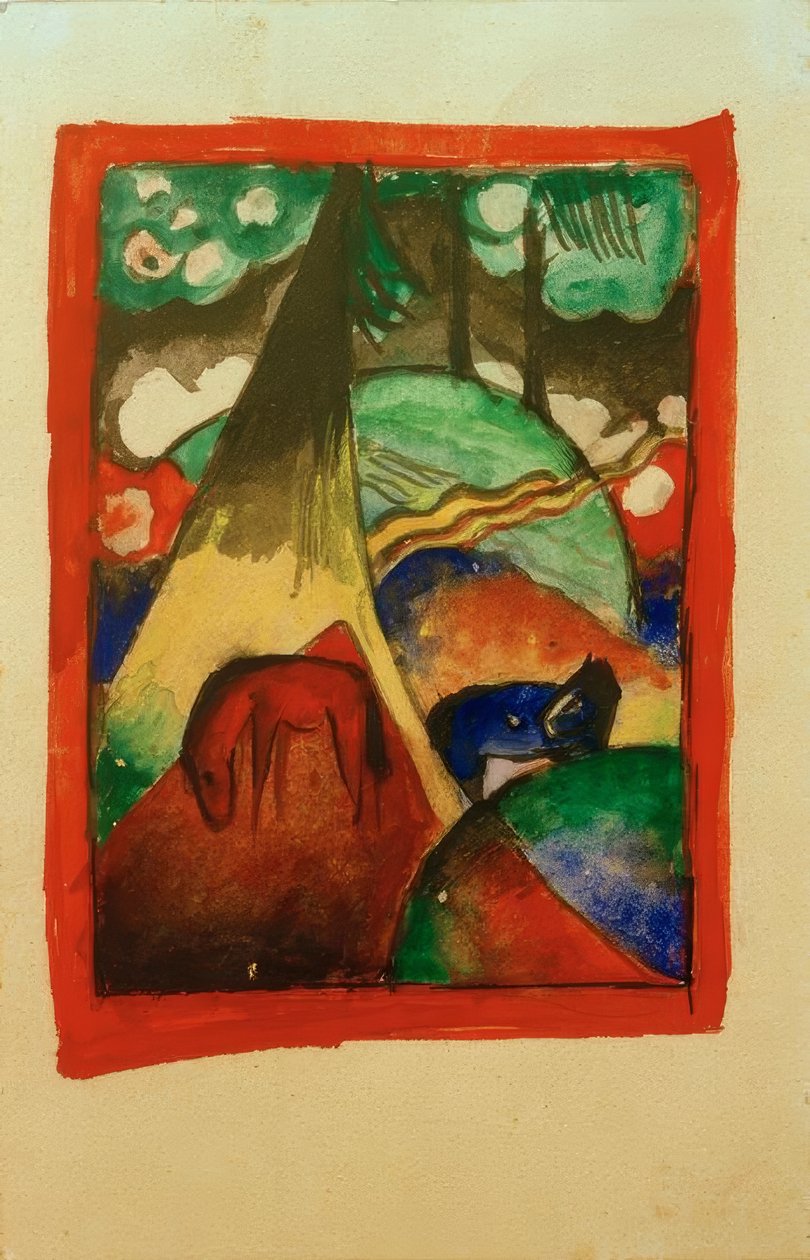 Manzara içinde kırmızı ve mavi at by Franz Marc