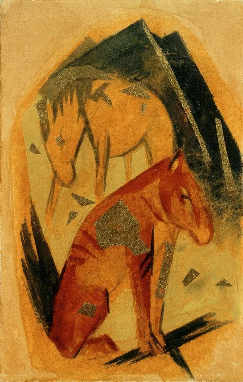 Mavi bir dağın önünde iki at by Franz Marc