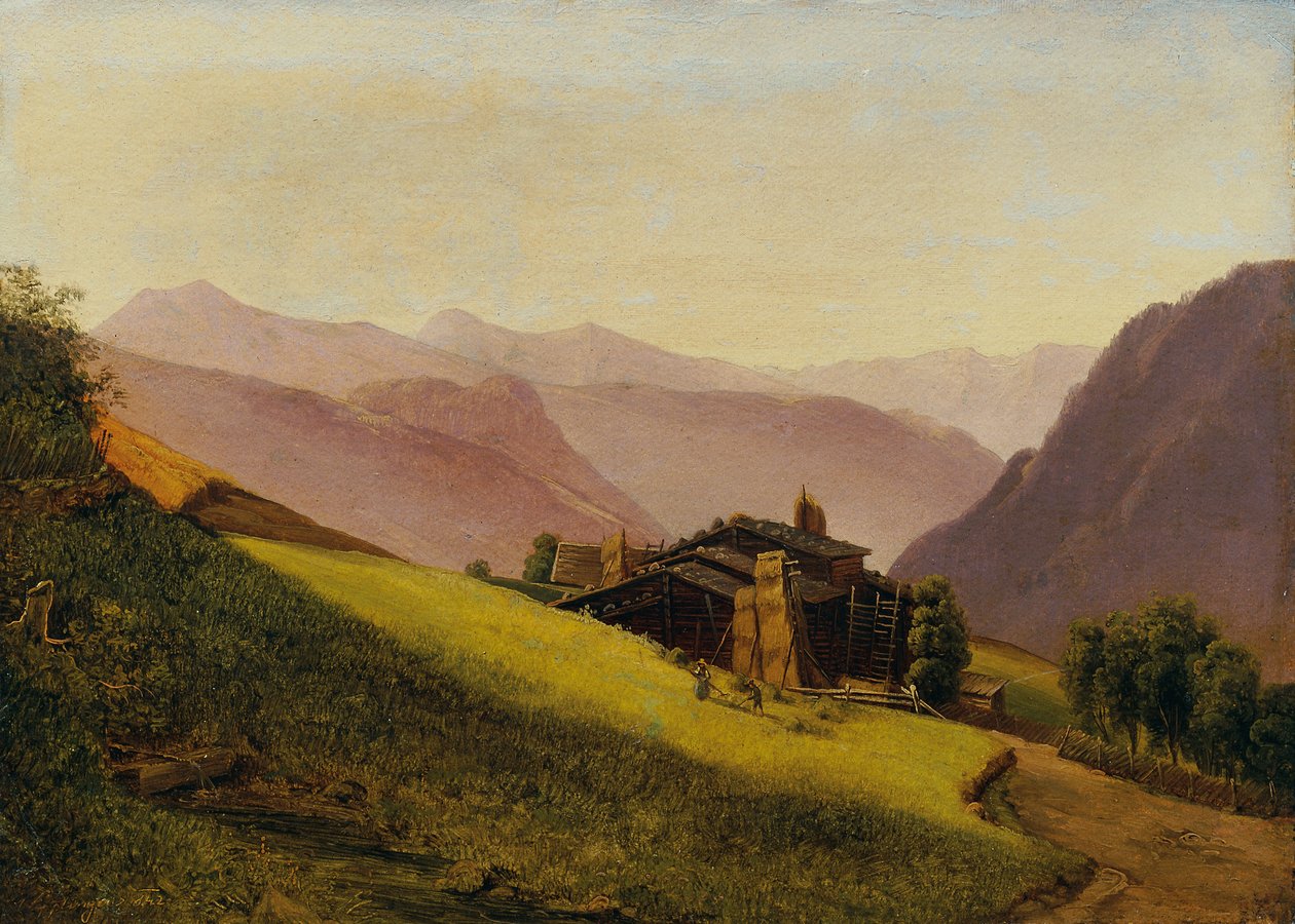 Alp kulübeleri ve samanlık çiftçiler ile dağ manzarası by Franz Wipplinger