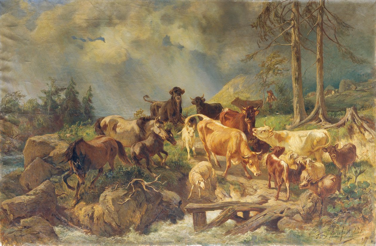 İnekler ile dağlık manzara by Franz Xaver von Pausinger