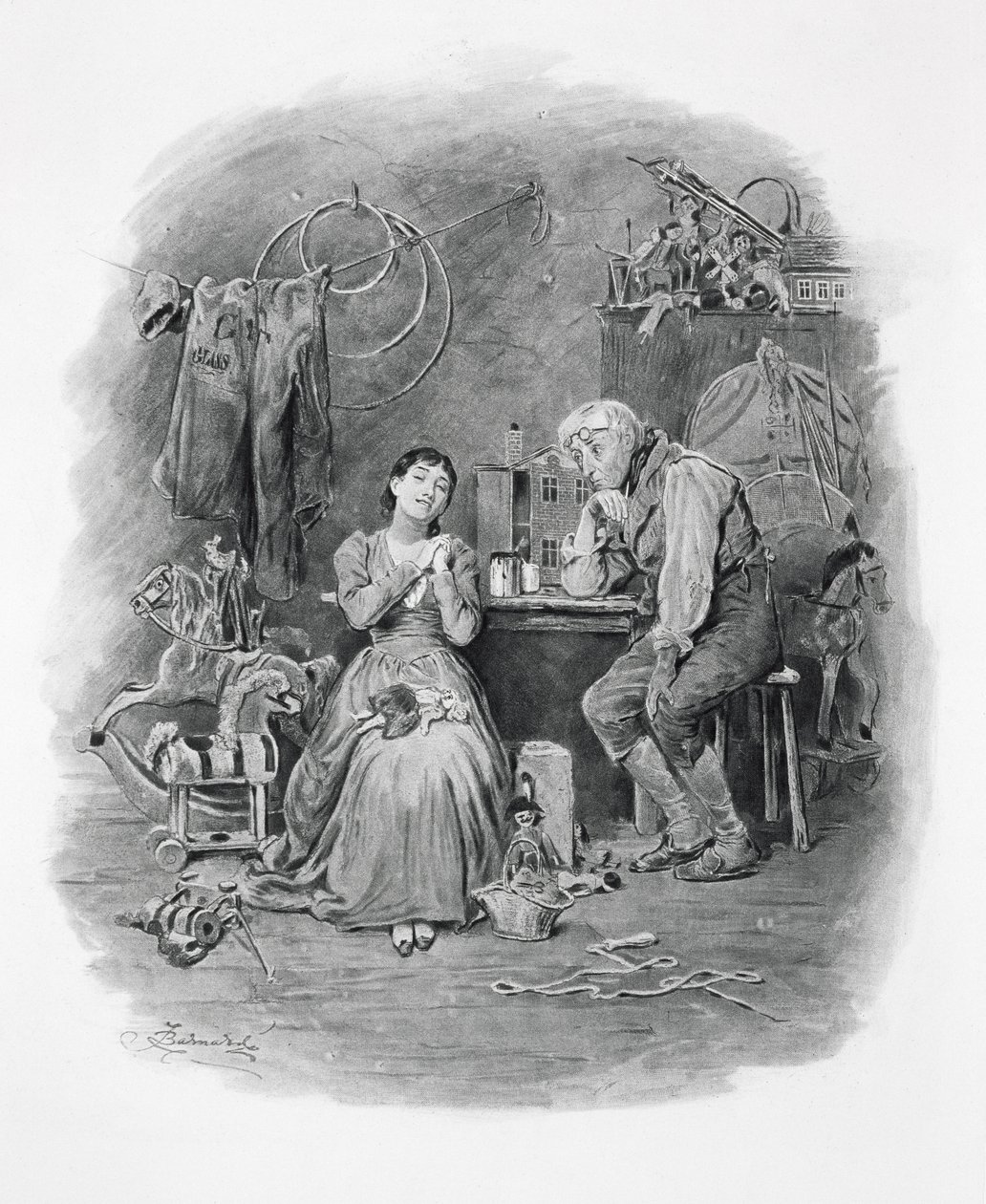 Caleb Plummer ve kör kızı, Thomas Archer'ın 'Charles Dickens: A Gossip about his Life' kitabından, 1894 dolaylarında yayınlandı by Frederick Barnard