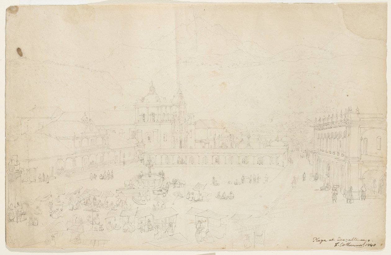 Plaza, Quezaltenango, 1840 (krem dokuma kağıt üzerinde grafit) by Frederick Catherwood