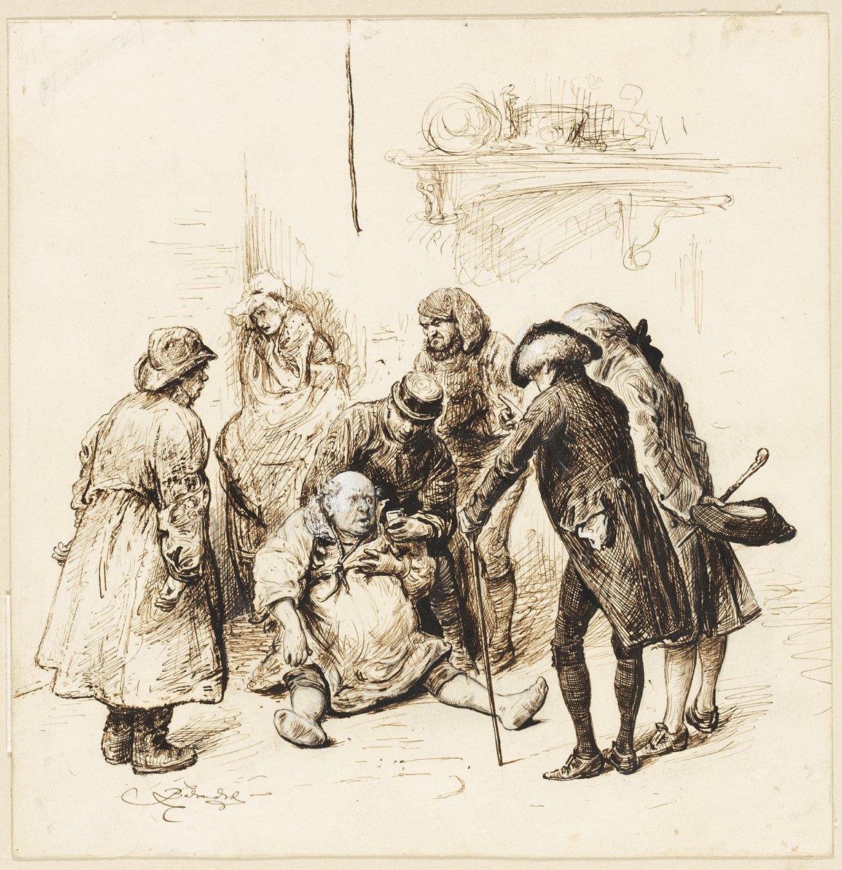 Sarhoş birine yardım eden iki beyefendi by Frederick Barnard