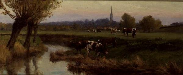 Nehir kenarında otlayan inekler by Frederick William Newton Whitehead