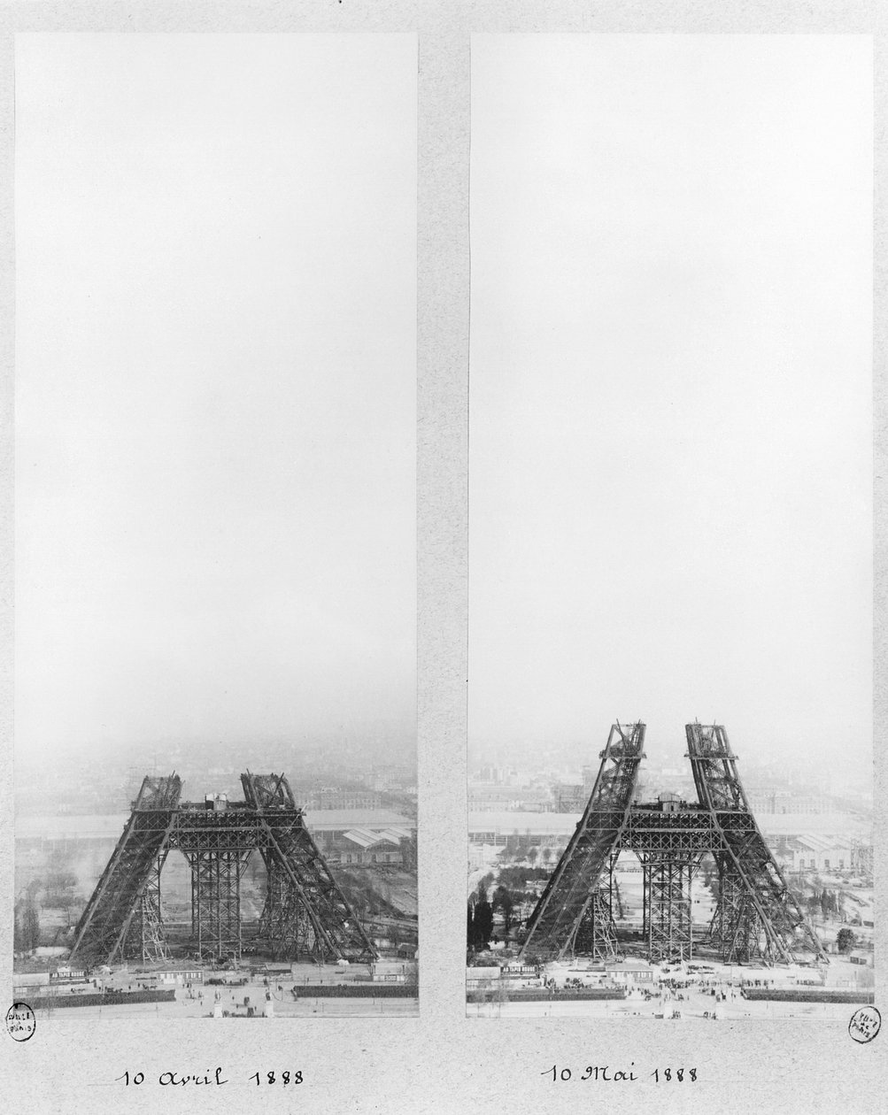 Eyfel Kulesi inşaatının iki görünümü, Paris, 10 Nisan ve 10 Mayıs 1888 by French Photographer