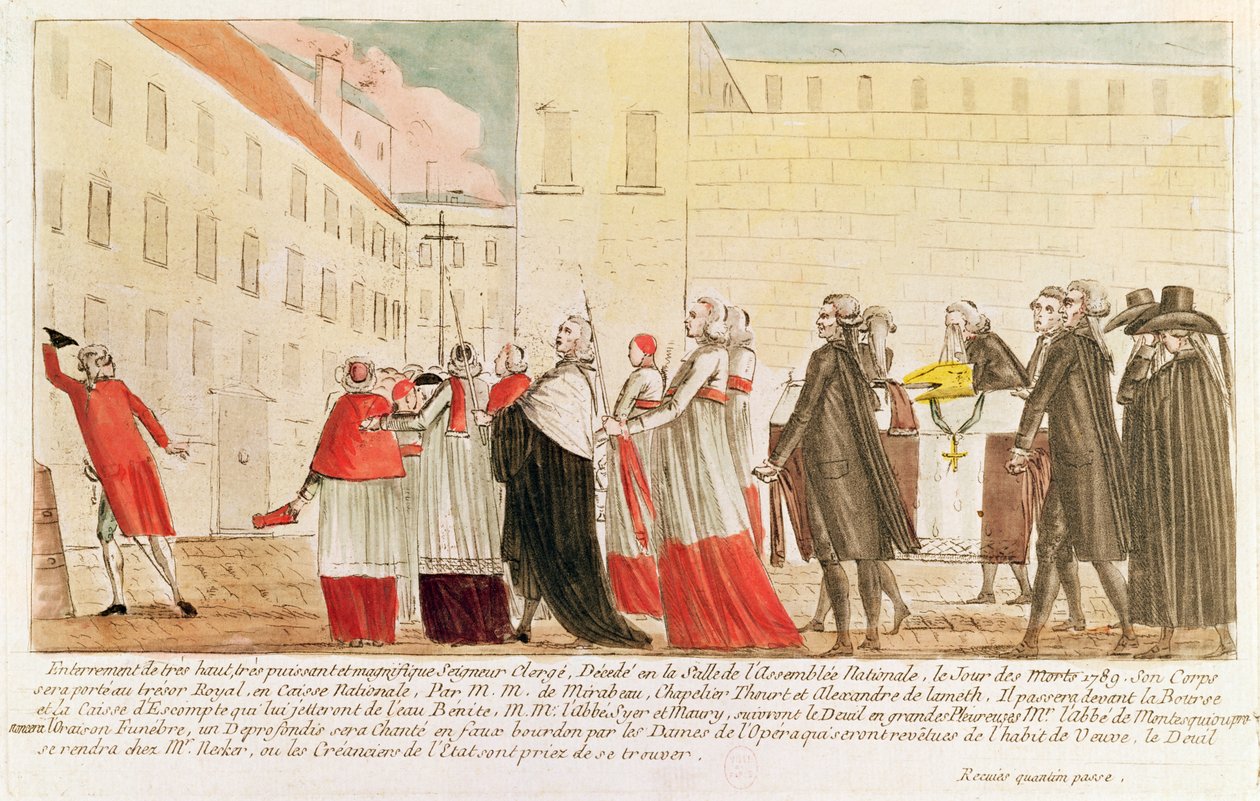 Kilise mülkünün kamulaştırılmasının ardından din adamlarının gömülmesinin karikatürü, 1789 (kağıt üzerinde kalem ve mürekkep ve tuvalet) by French School