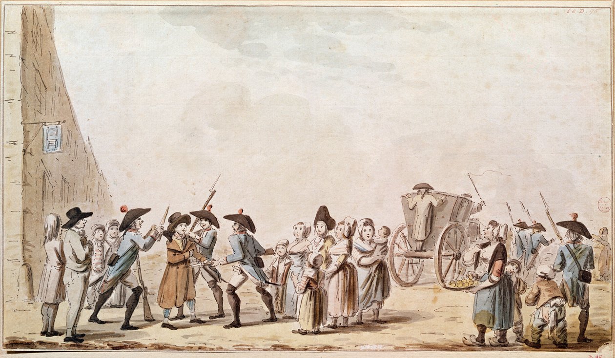 Şüpheliler hukuku, Federes tarafından sokakta tutuklanma (renkli gravür) by French School