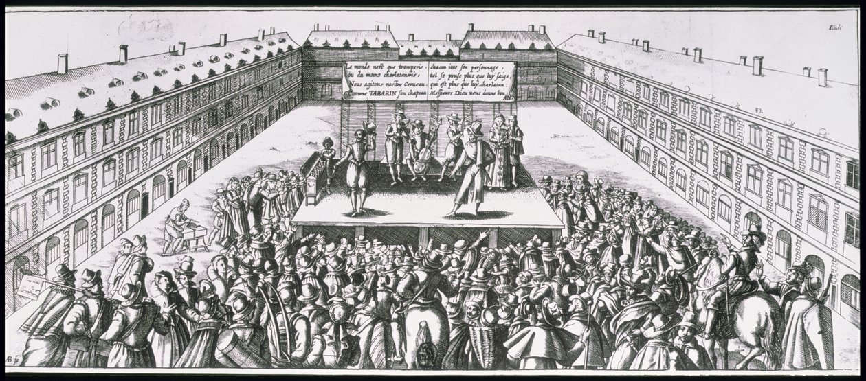Tabarin olarak bilinen Antoine Firard (1584-1633) ile Sahnede Açık Hava Tiyatro Performansı by French School