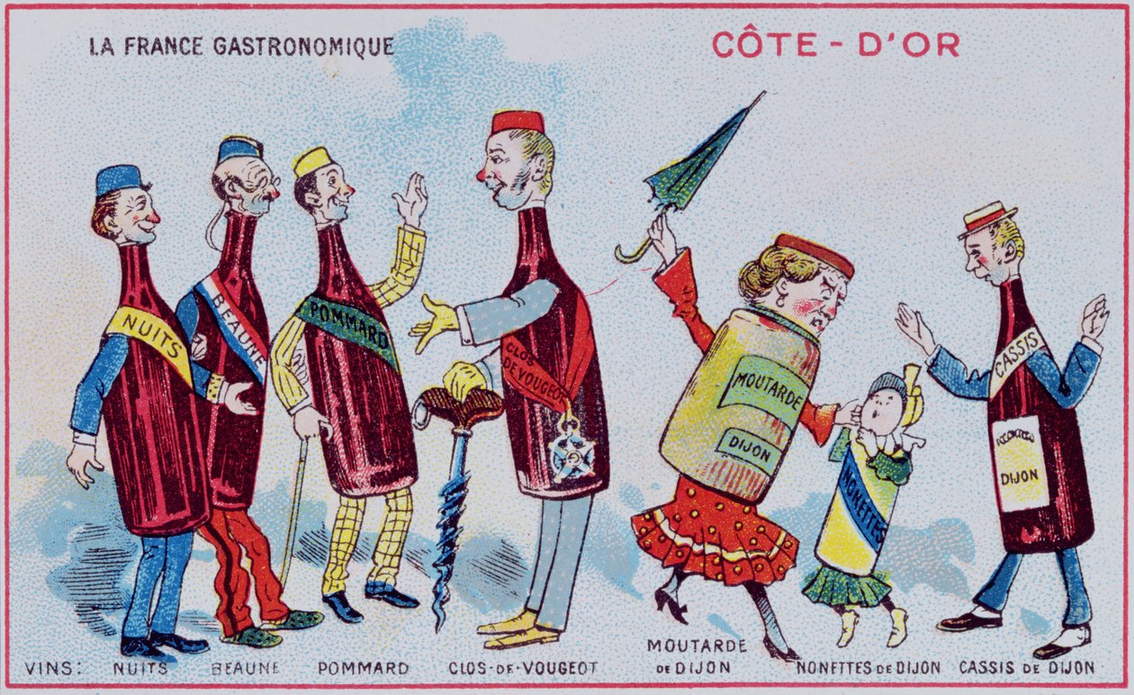 Cote-DOr bölgesinin yemek spesiyalitelerini tasvir eden çocuklar için promosyon ve eğitim kartı, c.1910 by French School