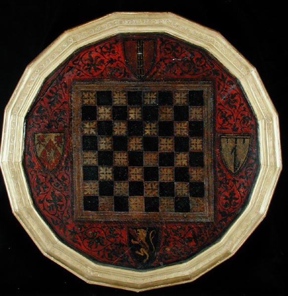 ನಾಲ್ಕು ಕೋಟ್ ಆಫ್ ಆರ್ಮ್ಸ್ ಹೊಂದಿರುವ ಚದುರಂಗ ಫಲಕ, c.1400-30 ಟರ್ಕ್ by French School