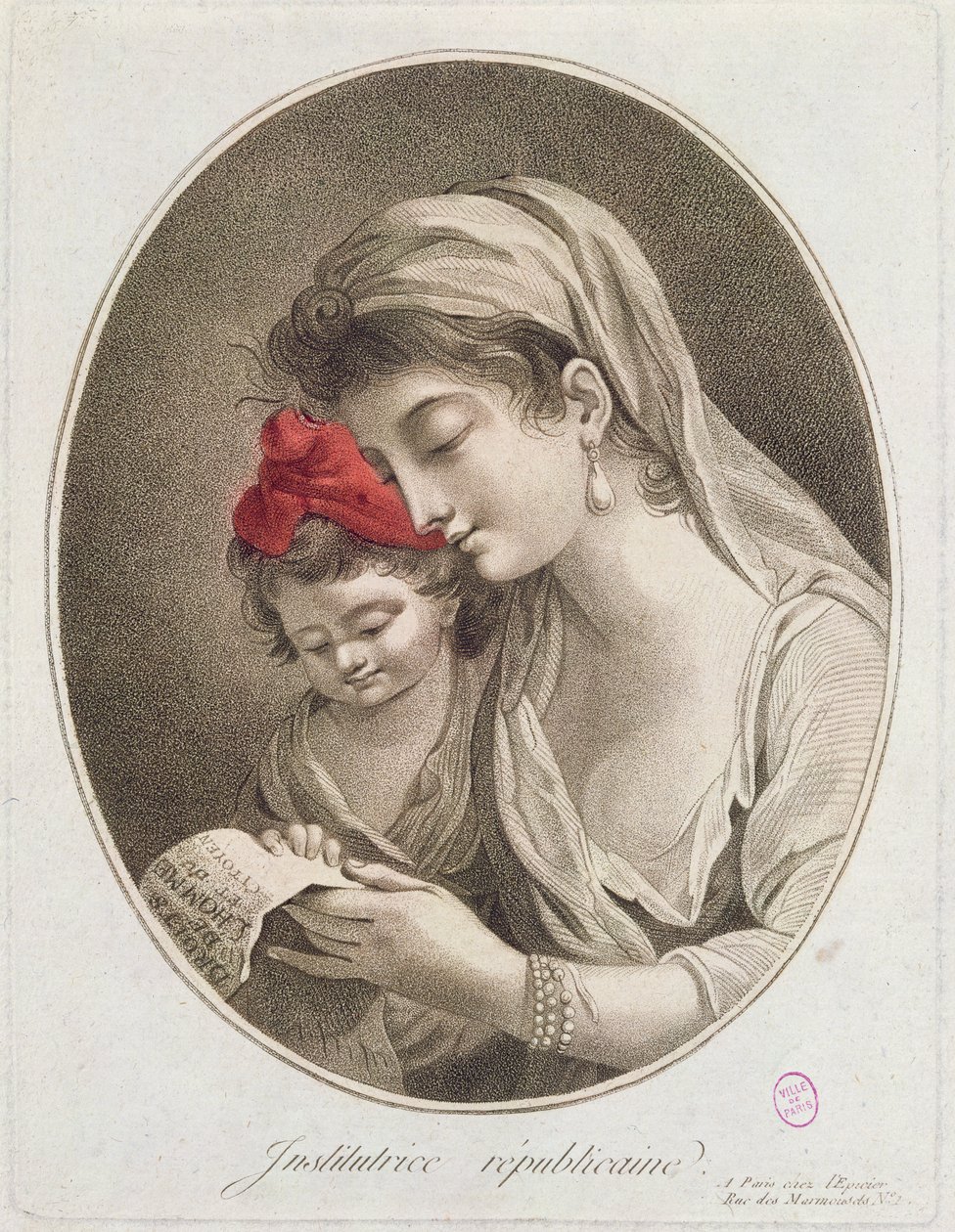 Institutrice Republicaine. c.1789 (renkli gravür) by French School