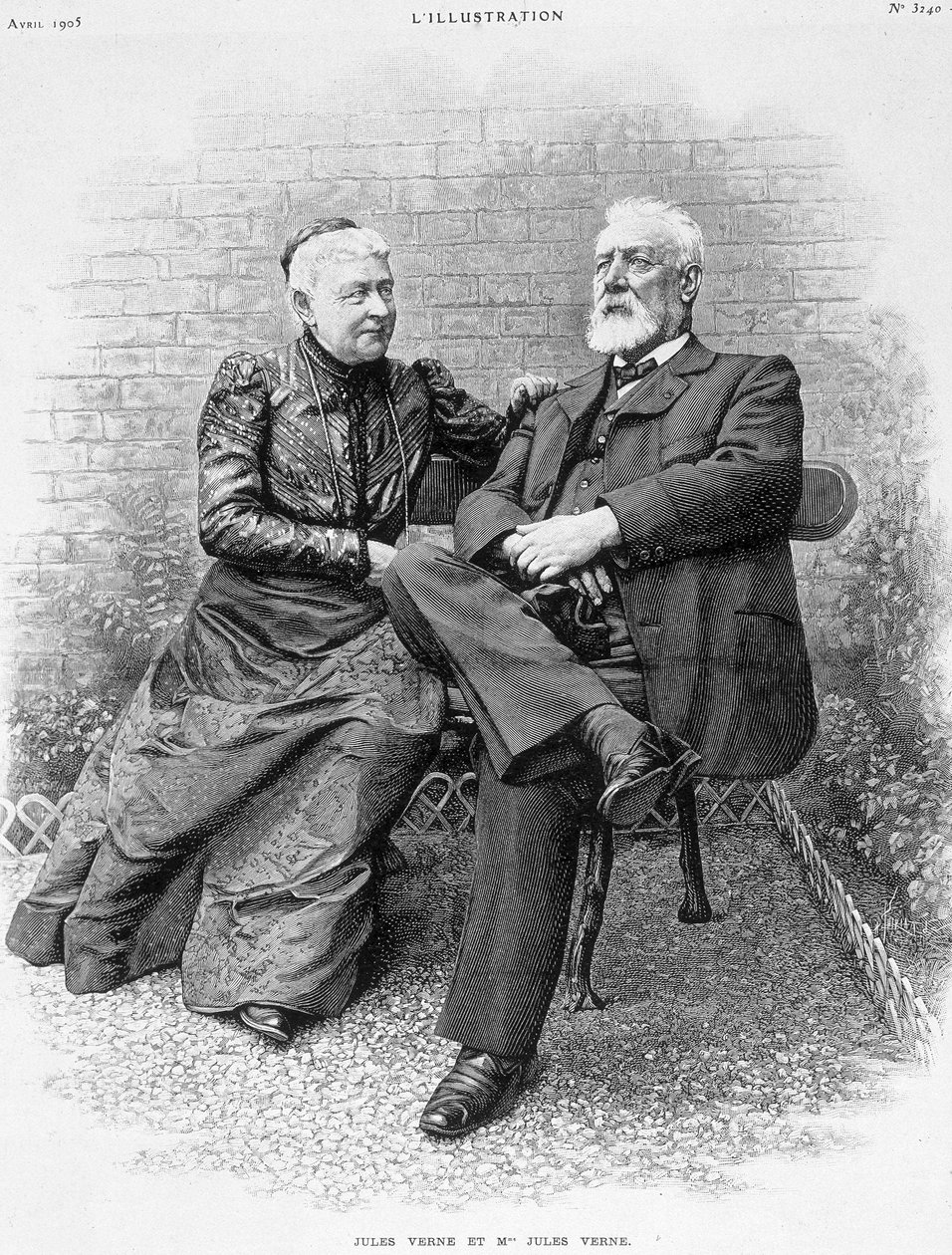 Jules Verne ve karısı - gravür by French School