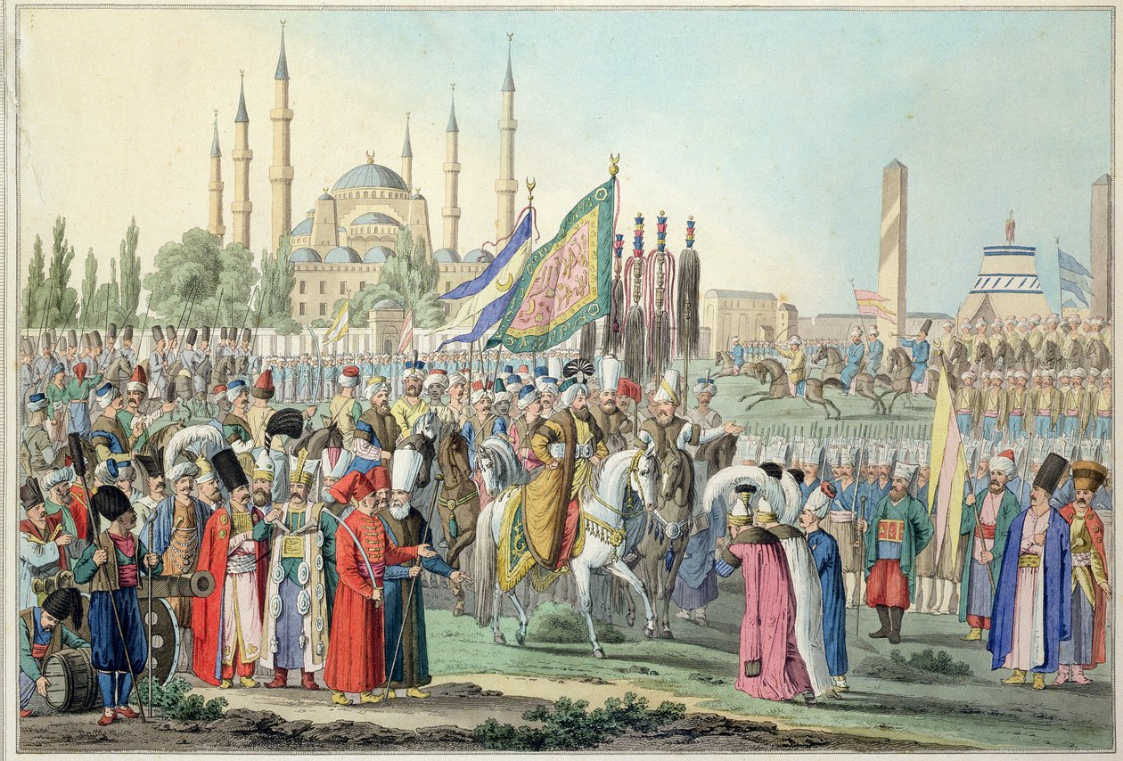 Türk sultanı yeniçerilerini gözden geçiriyor by French School