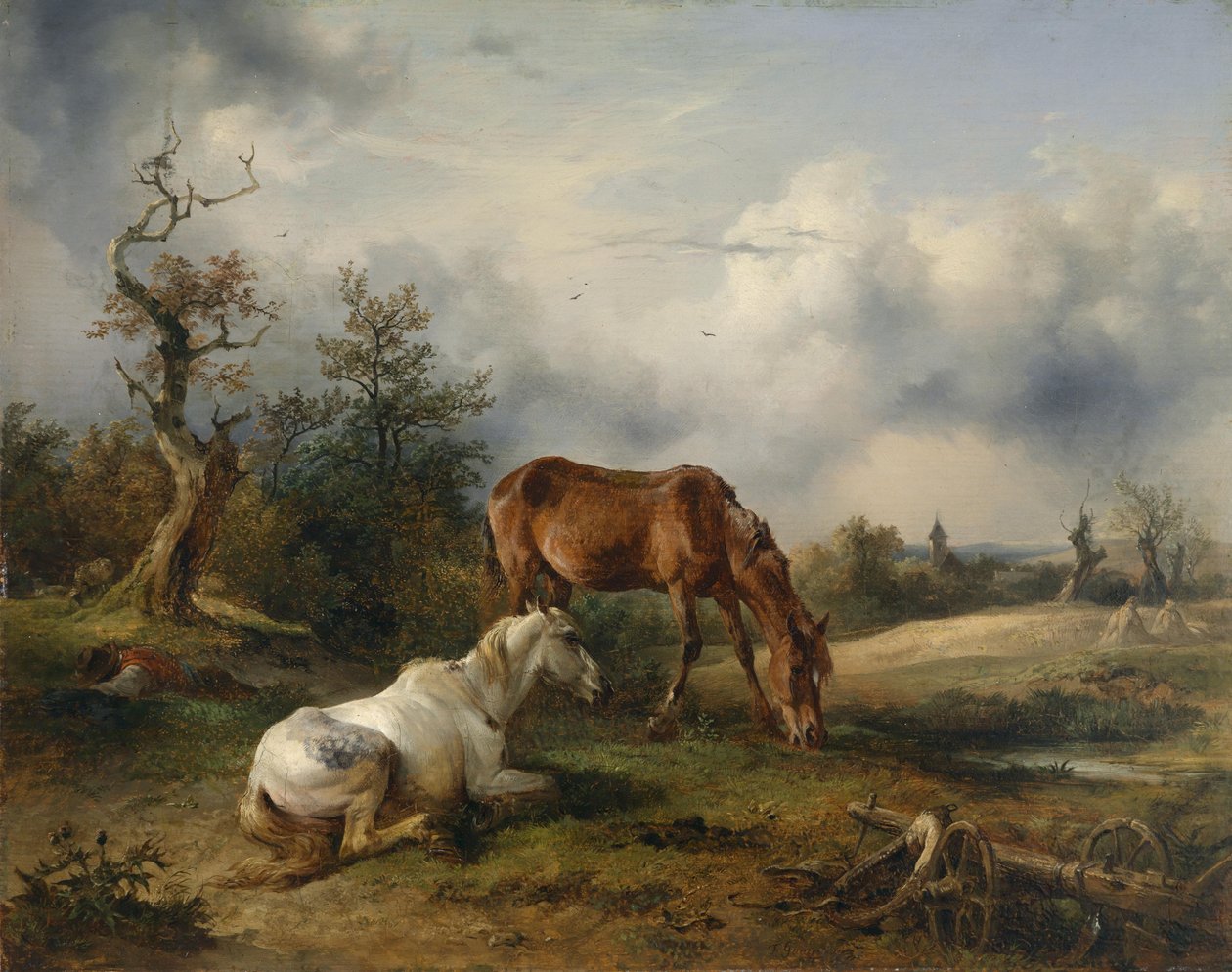Mera üzerinde iki at (beyaz bir at ve bir tilki) by Friedrich Gauermann