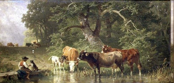 Ormanlık bir gölette sığır sulama by Friedrich Johann Voltz