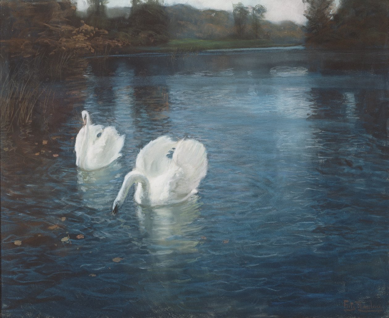 Nehirdeki kuğular, 1880 dolayları (kağıt üzerinde tebeşir) by Frits Thaulow