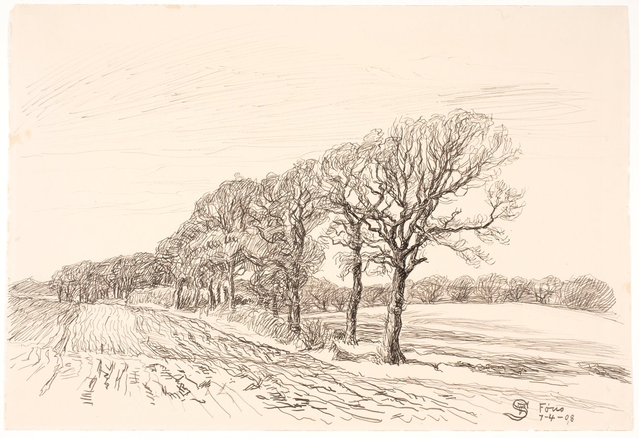 Meşe ağaçları ile manzara. Kurutma makinesi by Fritz Syberg