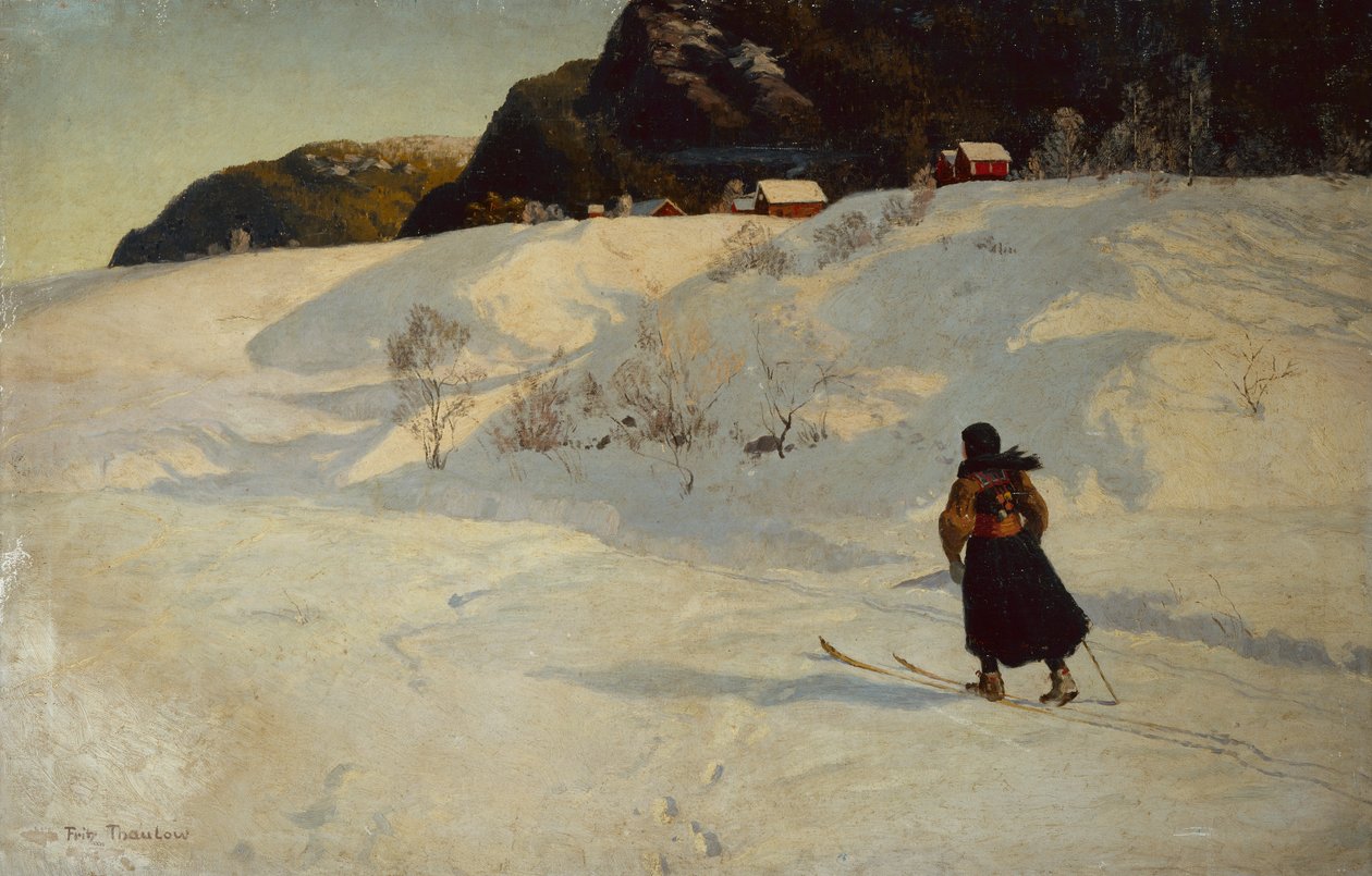 Bir kayakçı ile kış sahnesi by Fritz Thaulow
