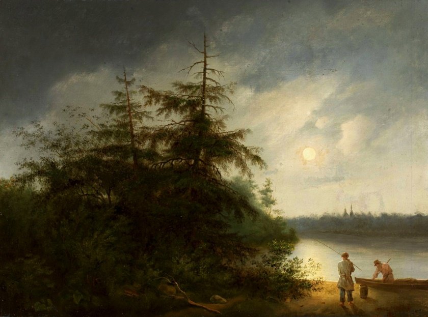 Balıkçılar ile gece manzarası. by Fyodor Alekseyev