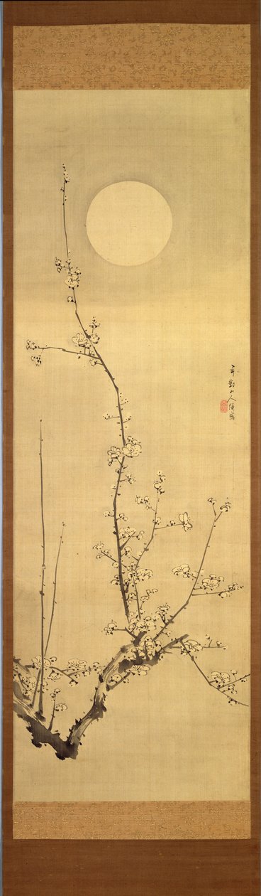 Dolunaya karşı çiçek açan erik ağacı, c.1800-22 (ipek üzerine mürekkep) by Gentai Sanjin