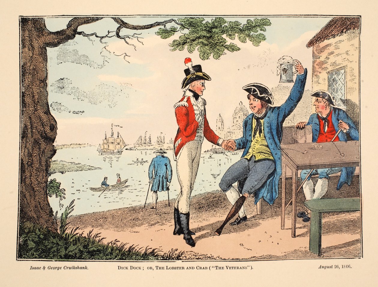 Dick Dock: Veya, Istakoz ve Yengeç ('Gaziler'), pub. 1806 (el renkli gravür) by Isaac, Robert and George Cruikshank